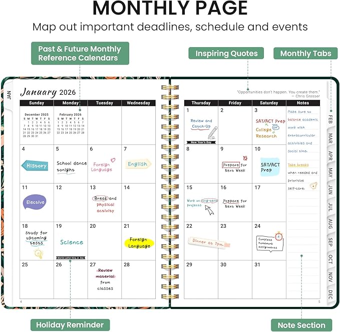 2026 Planner, Weekly and Monthly Calendar Planner for Women, Jan 2026 - Dec 2026, Hardcover Planning Agenda book with Tabs, Spiral Bound, Inner Pocket, Perfect for School Office Supplies, 6.3" x 8.5" - Verdant Bloom