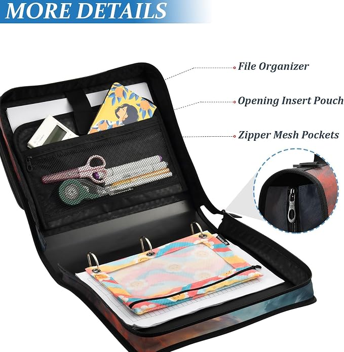 3 Ring Binder Zipper Binders Water-fire Dragons Expanding File Folder Bag with Shoulder Strap