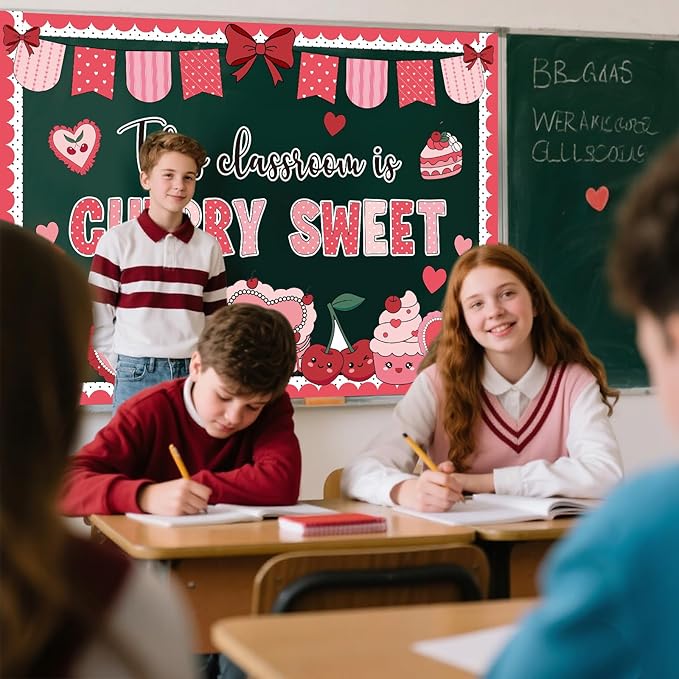 Pajean Valentine's Day Heart Bulletin Board Set Romantic Love Classroom Decorations Sweet Day Theme Paper Cutouts for Wall Window Decor School Office Supplies(Cherry Sweet)