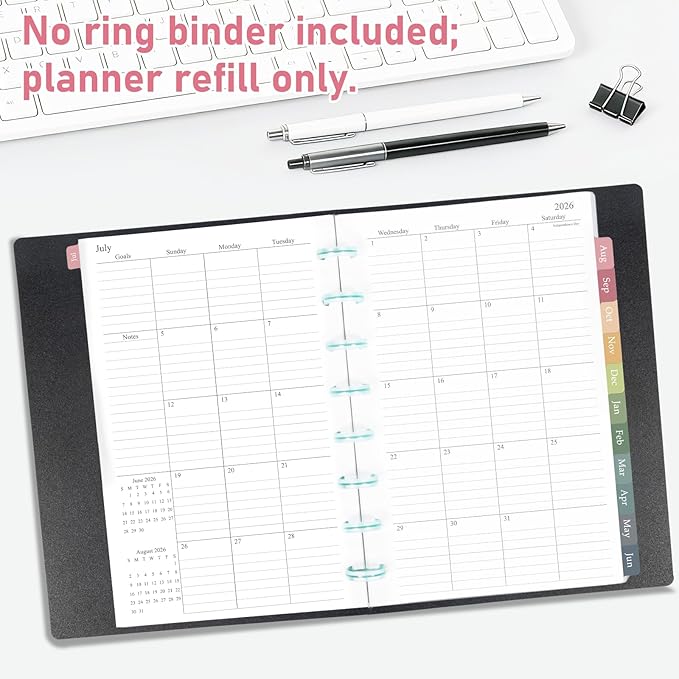2026-2027 Monthly Planner Refill, Jul. 2026 - Dec. 2027, A5 Medium Size Planner Inserts for 8-Disc Discbound, 5.5"x8.5", 18 Monthly Calendars with Colorful Laminated Tabs