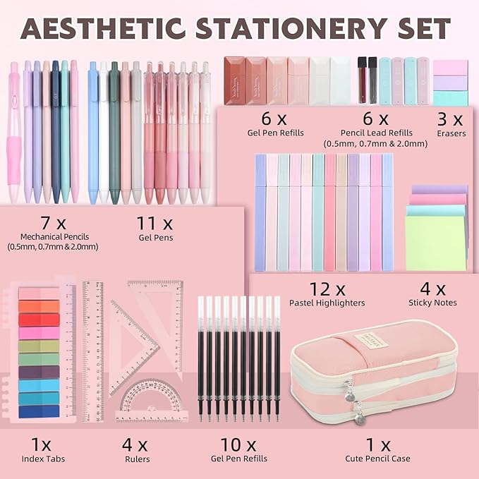 65Pcs Aesthetic School Supplies with Cute Pencil Case, 12 Pastel Highlighters, 10 Black Ink Gel Pens, Mechanical Pencils, Sticky Note Ruler Correction Tape for College Essentials Stationary Gift, Pink