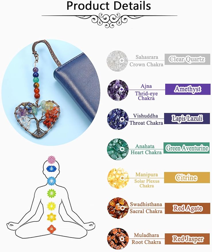 Jovivi 7 Chakra Crystal Bookmark,Antique Copper Metal Bookmark,Handmade Vintage Healing Crystals Heart Tree Life Tumbled Gemstone Pendant Bookmarks Gifts for Women Men Book Lovers