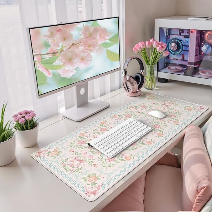 HAOCOO Blue Floral Keyboard Pad, 35.4" x 15.7" Large Mouse Pad for Desk, Non-Slip Waterproof Keyboard Mat, Cute Girly Desktop Mat for Office & Home Decor, Computer Desk Accessories with Stitched Edges