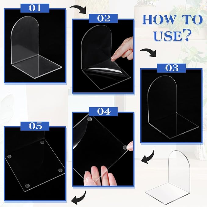 Leinuosen 16 Pcs Acrylic Clear Book Ends with Silicone Pad Non Skid Book Holders Arch Shape Heavy Duty Bookends Stoppers for Movies, CDs, Video Games (Clear)