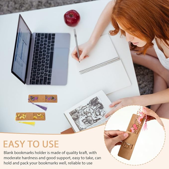 Fumete 50 Pieces Resin Bookmark Holder Bulk 5.9 x 1.8 Inches Kraft Bookmark Sleeves DIY Display Cards for Wrapping Small Business Packaging Supplies Party Favor Gifts(Cute,Brown)
