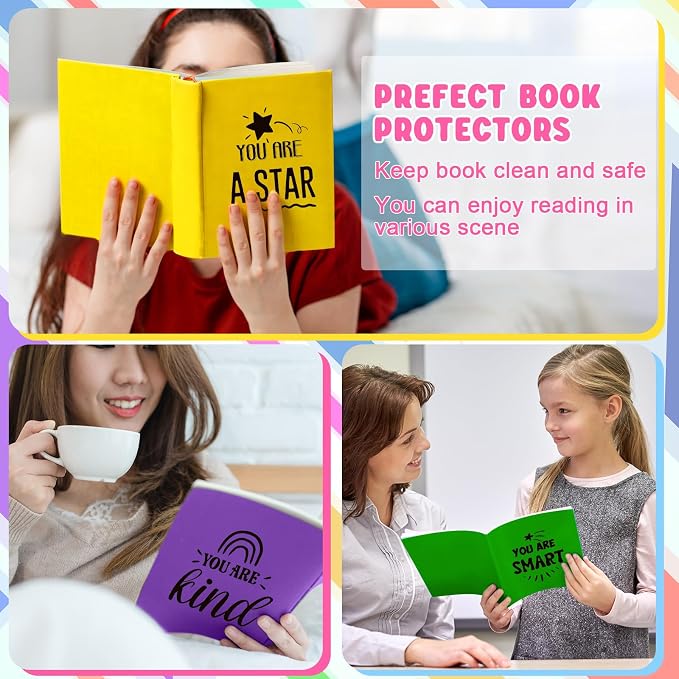 AmazingSpark 6 Pcs Stretchable Book Cover Reusable Protector for Hardcover Textbooks up to 9 x 11 in, Inspirational Colored Quotes Book Covers Washable Textbook Protector Back to School Gift Supplies
