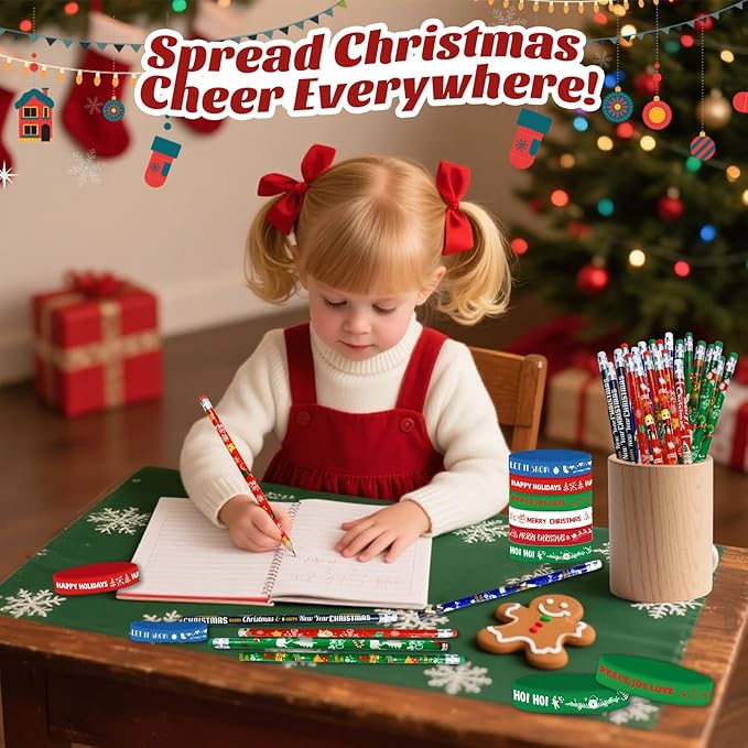48 Pcs Christmas Pencils Set 24 Pcs Christmas Pencil Xmas Pencil 24 Pc Christmas Silicone Bracelets Silicon Wristbands Christmas Stocking Stuffers (Classic)