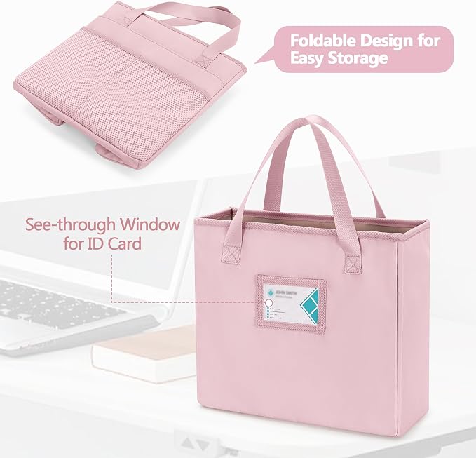 File Folder Tote Bag with Handle, Portable Document Organizer Box for Letter Size File Folder, Folding File Case for Home Office, Pink