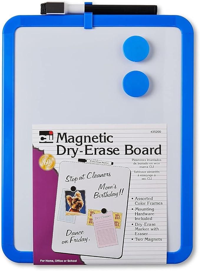 Framed Magnetic Dry Erase Board with Marker & Magnets, Assorted Colors, 8.5" x 11", Pack of 1