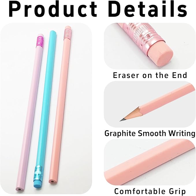 24Pcs HB Graphite Triangular Grip Wood Pencils with Eraser for School, Drawing and Sketching, and Office Use(Pink)