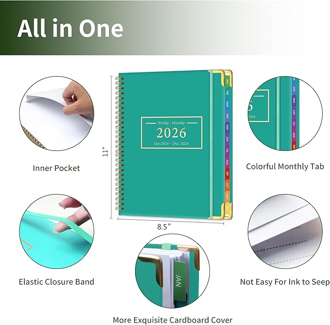 Planner -2026, Hardcover Weekly & Monthly Calendar Planner, January 2026 - December 2026, 8.5" x 11", Daily Agenda Book with Colorful Tabs, College Organizer Notebook, School & Work Supplies for Student Teacher Classroom