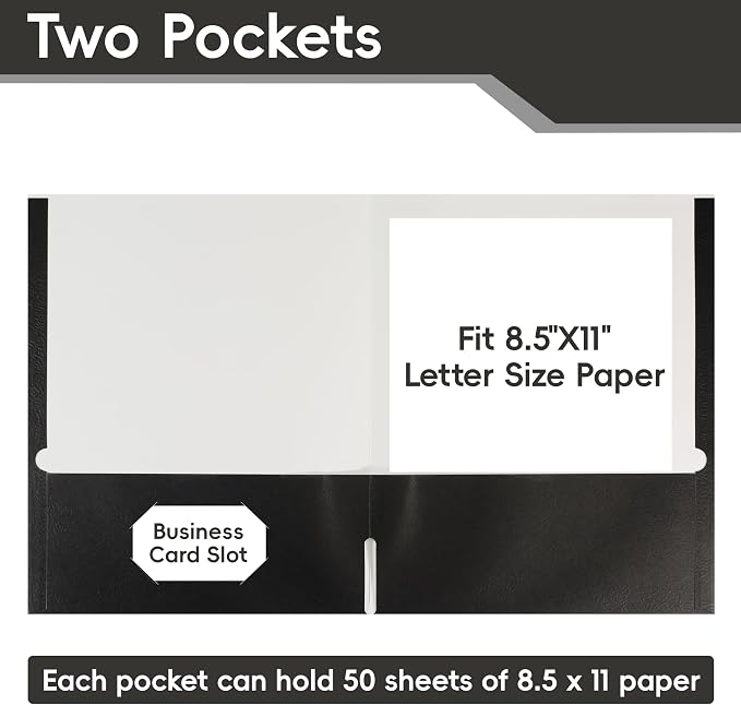 VZCPYTPM 50 Pack Black Folders with Pockets,2 Pocket File Folders for Letter Size (8.5 x 11 Inch),Professional Design with Business Card Slot for Office and School Organization