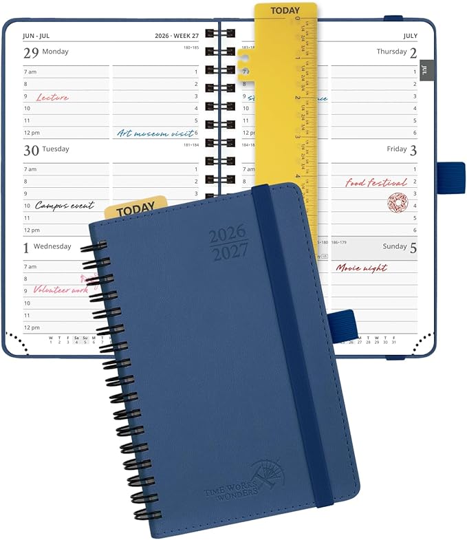 POPRUN Pocket Planner 2026-2027 (Purse Size 4'' x 6.25'') Academic Small Calendar (July 2026 - June 2027) with Hourly Time Slots, 100GSM Thick Papers, Spiral Leather Cover - Navy Blue