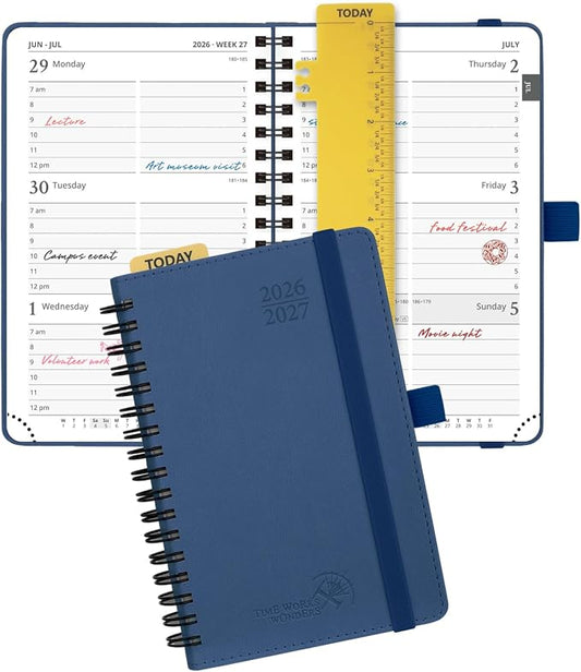 POPRUN Pocket Planner 2026-2027 (Purse Size 4'' x 6.25'') Academic Small Calendar (July 2026 - June 2027) with Hourly Time Slots, 100GSM Thick Papers, Spiral Leather Cover - Navy Blue