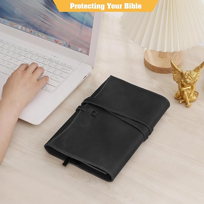 Jack&Chris Leather Bible Cover, Leather Book Cover for Men and Women, Bible Holder Strap Bible Cover Gifts, Black Medium