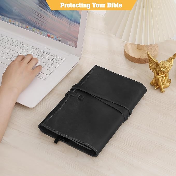 Jack&Chris Leather Bible Cover, Leather Book Cover for Men and Women, Bible Holder Strap Bible Cover Gifts, Black Large