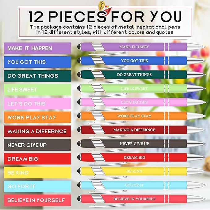 Zonon 12 Pcs Inspirational Pens Gift Set Funny Ballpoint Pen with Stylus Tip Motivational Graduation Gifts Bulk for Teacher Coworkers Nurse School Office Supplies(Assorted Color,Motivational Style)