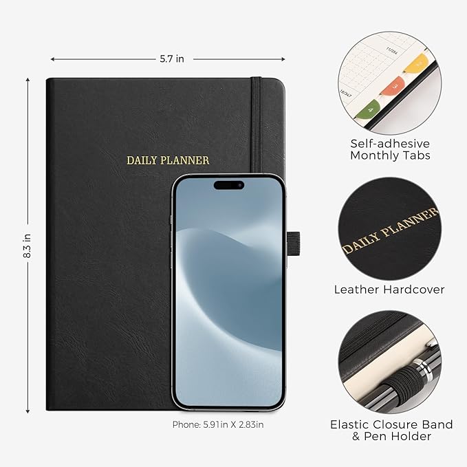 Daily Planner Undated, Appointment Book for Hourly, Daily and Monthly, 365 Days, One Page a Day, Medium Size (5.7" x 8.3"), Leather Hardcover, 12 Self-adhesive Monthly Tabs (Black)