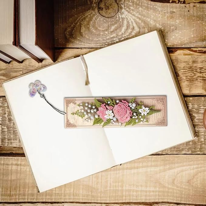 3Pcs DIY Diamond Art Painting Bookmarks with Colorful Butterfly Pendant PET Bookmark Ornament Double Sided Pattern Single Sided Diamond Book Marker Clip Gifts Tags-Pink Rose