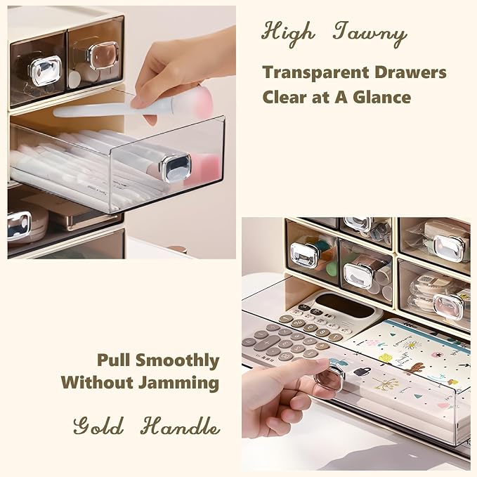 Spacious Desk Drawers, Stackable Desktop Organizer, Plastic Storage Box for Office, School & Home Supplies (1 Middle & 2 Small Drawers, Cream)