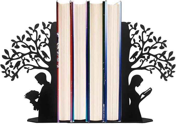 Tree of Life Bookends Decorative Couple Book Ends for Shelves, Black Metal Bookends for Heavy Books, Book Organizer for Desk Bookshelf Home Office Book Stopper Valentines Day Gifts