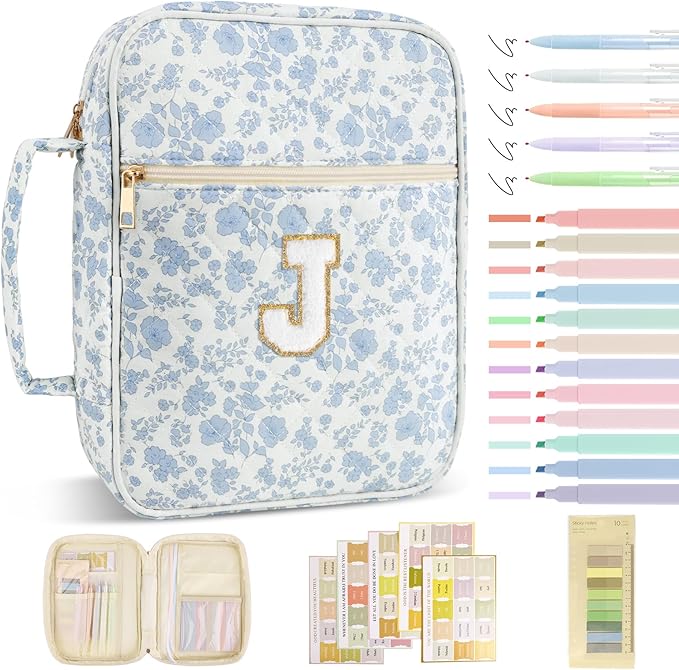 Personalized Initial Bible Cover Case for Women Girls Kid - Large Quilted Bible Case with Handle, Stylish Chenille Letter Bag Study Supplies, Perfect Christmas Gifts for Christians (Blue Flower-J)