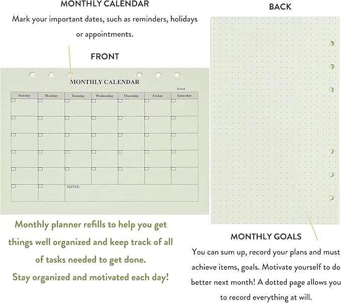 90+54+14 A5 Refill Paper with Undated Monthly Weekly Calendar Planner Inserts, 6 Ring Loose Leaf Lined Filler Paper Refillable for Binder Planner Journal Agenda Notebook