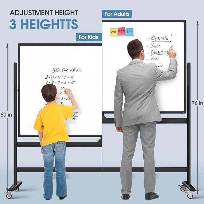 MaxGear Large Rolling Whiteboard, 72x40 Mobile White Board on Wheels, Double-Sided Magnetic Dry Erase Board with Stand, Adjustable Height Whiteboard for Home, School & Office, Black