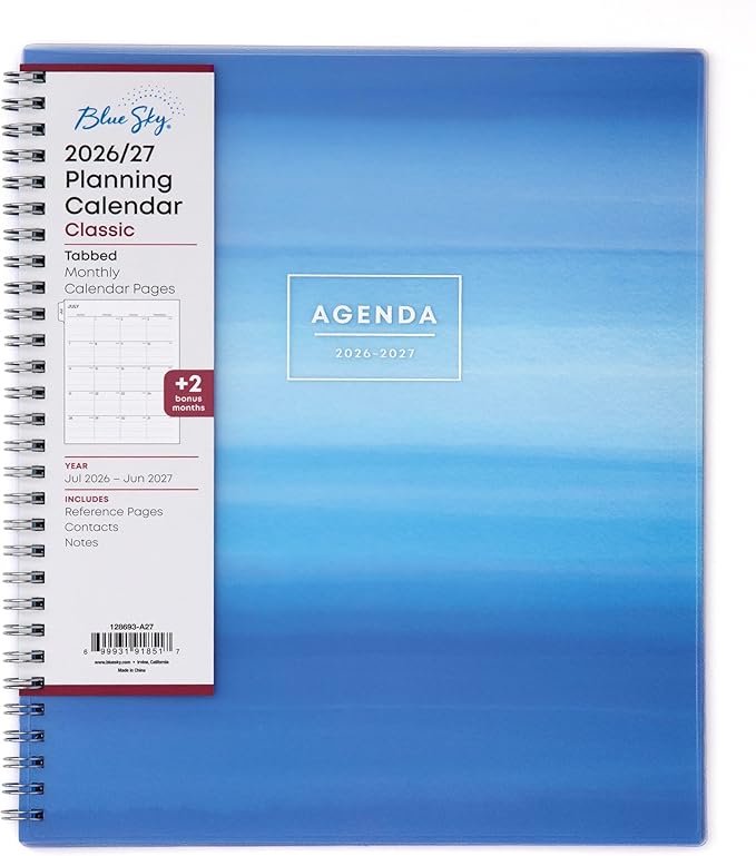 Blue Sky 2026-2027 Monthly Academic Year Planner Calendar, July 2026 - June 2027, 8" x 10", Monthly Layout, Flexible Cover, Laminated Tabs, Wirebound, Chanson