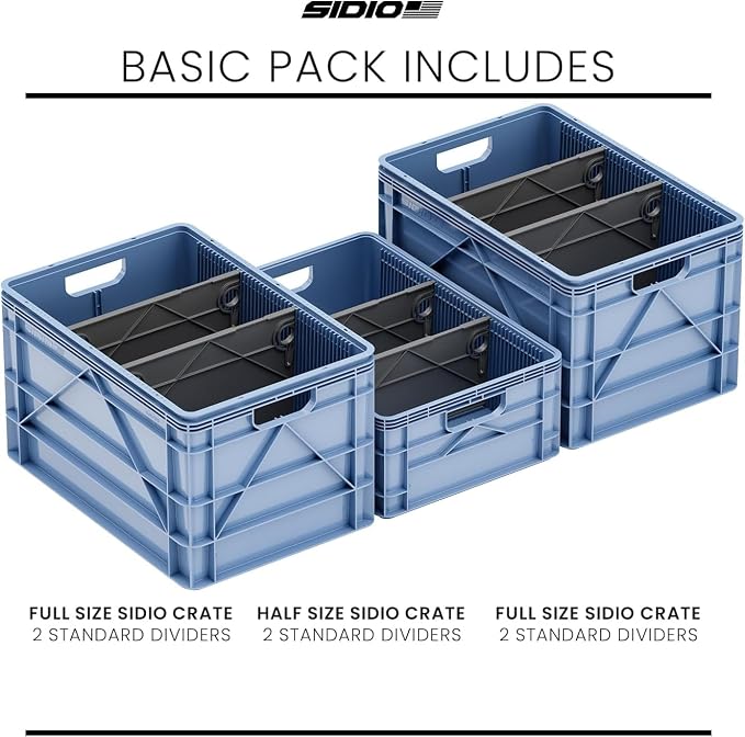 Sidio Crate Basic Pack - 2 Full-Size & 1 Half-Size Heavy Duty Stackable Storage Bins, Totes, Containers with Dividers - Durable Plastic Organizer for Home, Office, Garage, and Outdoor Use, Navy Gray