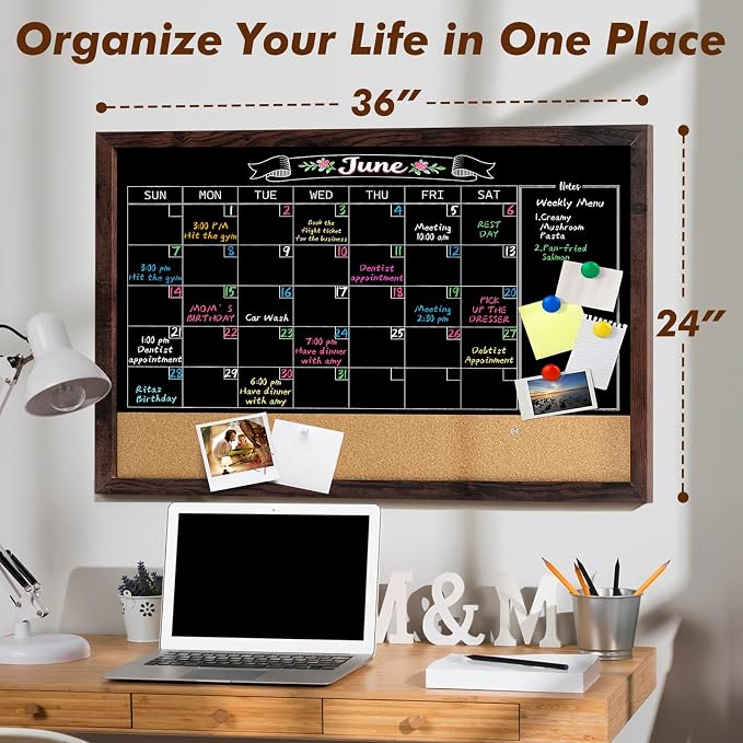 GOTIDEAL Chalkboard Calendar 36" x 24" Chalk Board Calendar for Wall Magnetic Chalkboard Framed,Wall Mounted,Blackboard for Office,Kitchen,School,Home