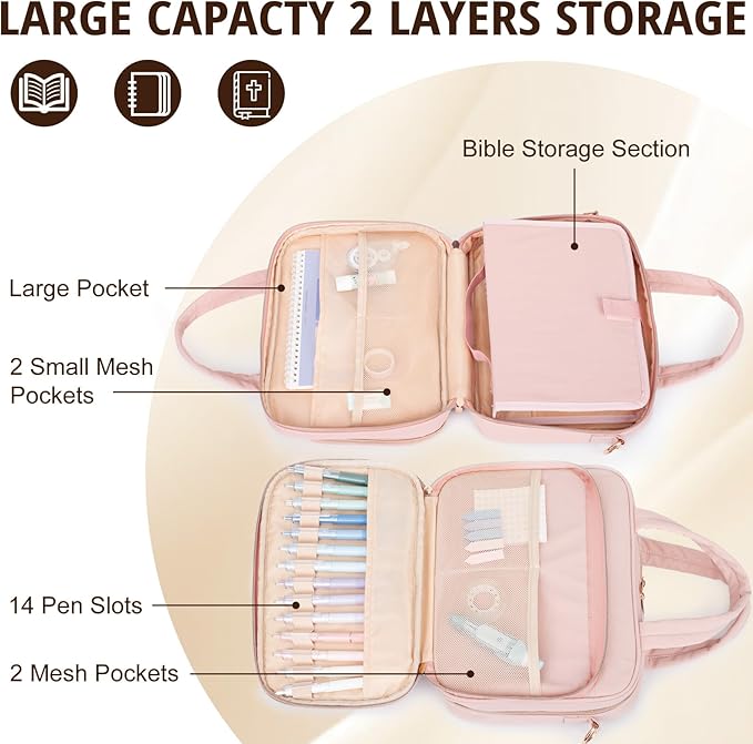 Large Bible Cover for Women,2 Compartments Bible Carrying Case With Handles Shoulder Strap, Soft Puffy Quilted Bible Bags With Book Cover Organizer, Bible Tote For Church Study Supplies Accessories