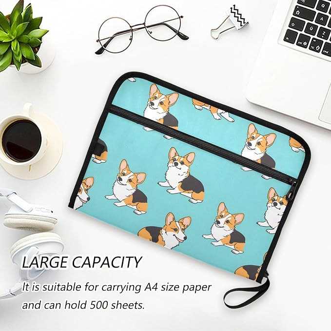 Expanding File Folder Corgis Dog Blue Accordion File Organizer 13 Pockets Document Organizer with Zipper Labels A4 Letter Office Storage