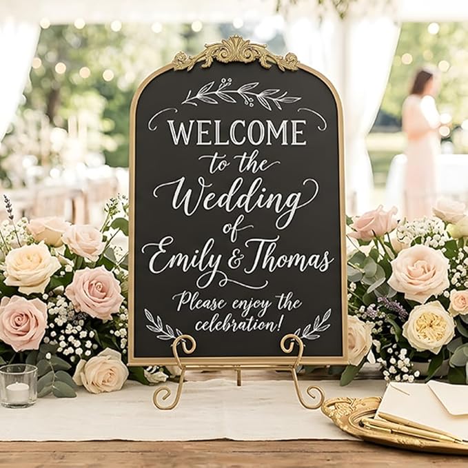 Vintage Magnetic Arch Chalkboard with Shelf - 18"x24" Decorative Wall Mounted Ornate Gold Framed Blackboard with Chalk, Clips & Cloth - Elegant Wedding Sign & Kitchen Menu Home Decor