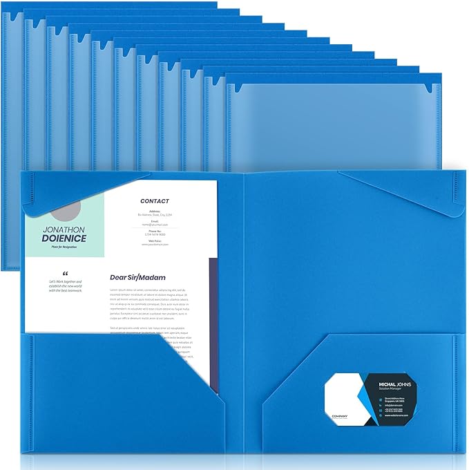 Henoyso 18 Pack Blue Plastic Folders with Clear Front Pockets Heavy Duty File Folders with 2 Pockets and Card Slot for Student Communication School Office Presentation Report
