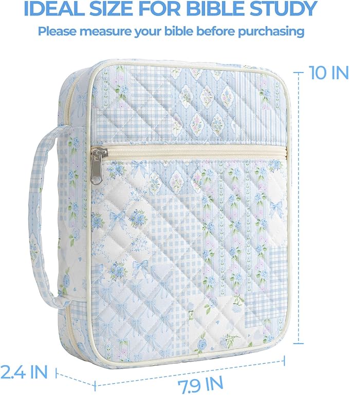 shirabags Quilted Bible Cover Case for Women - Elegant Cotton Bible Bag for Study, Church, Christian Gifts for Women (Blue Floral Bow Patchwork, M)