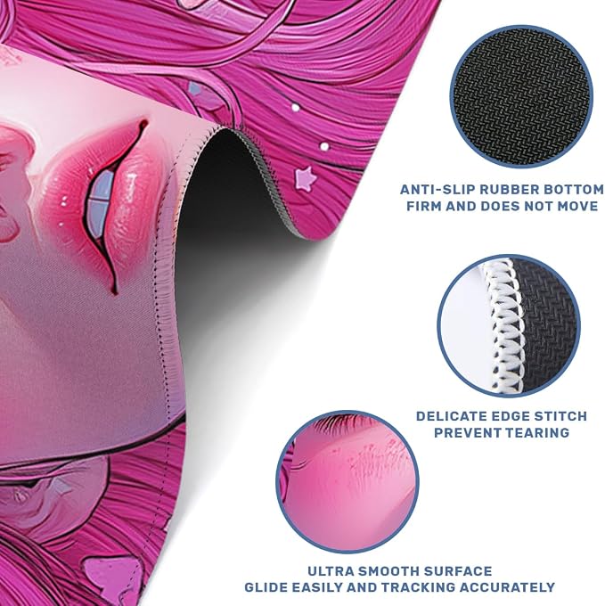 Anime Girl Gaming Mouse Pad 35.4 x 15.7 Inches Kawaii Pink Hair Heart Eyes Love Desk Mat Mouse Mat XXL Laptop Keyboard Pad, Laptop Keyboard Mousepad Aesthetic Accessories for Women