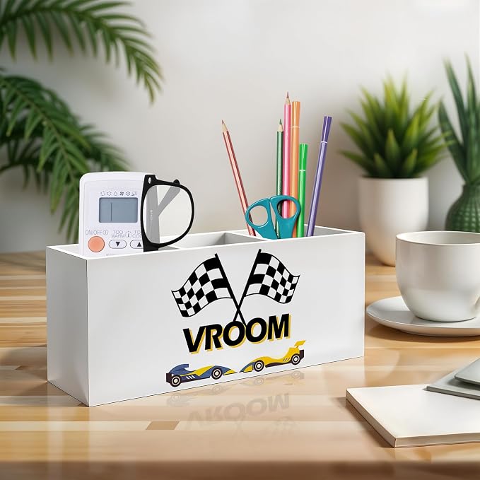 Trendy Race Car Checkerboard Pen Pencil Holder, Gifts for Boys Car Lovers, Vroom Race Cars Pencil Pen Holder Organizer for Toddler Boys Room Bedroom Desk Accessories