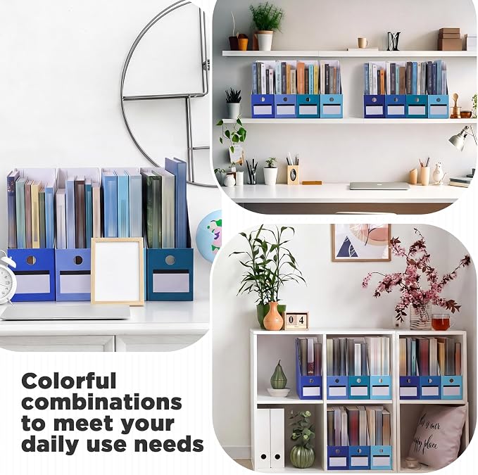 Jutom 48 Sets Magazine File Holders Foldable Cardboard Magazine Holder with White Label Stickers Desktop File Storage Box for Office Home Classroom Desk Document Organization(Blue)