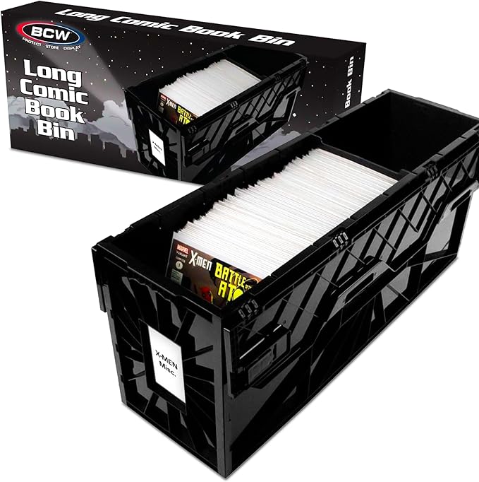 BCW Long Comic Book Bin - 1 Pack | Heavy Duty Comic Book Storage Box | Stackable Comic Bin Organizer for 300 Comics Each | Acid-Free Plastic Comic Book Box with Divider & Label Slot