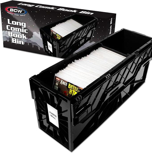 BCW Long Comic Book Bin - 1 Pack | Heavy Duty Comic Book Storage Box | Stackable Comic Bin Organizer for 300 Comics Each | Acid-Free Plastic Comic Book Box with Divider & Label Slot