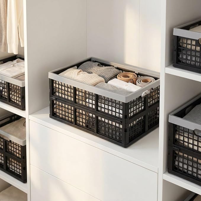 2-Pack 42 L Plastic Collapsible Storage Crates, Large Stackable Storage Container Basket, Folding Crates Storage