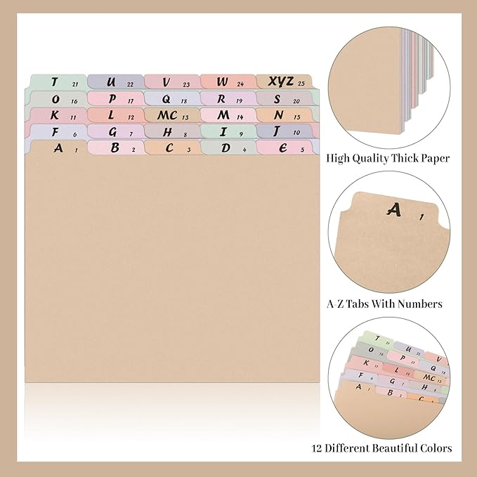 2 Set 50 Pcs Alphabet File Dividers A-z Top Tab Guides Set, Letter Size Filing Organizers 1/5 Cut Alphabetical File Folder Tabs for Home, Office, School(Classic Colors)