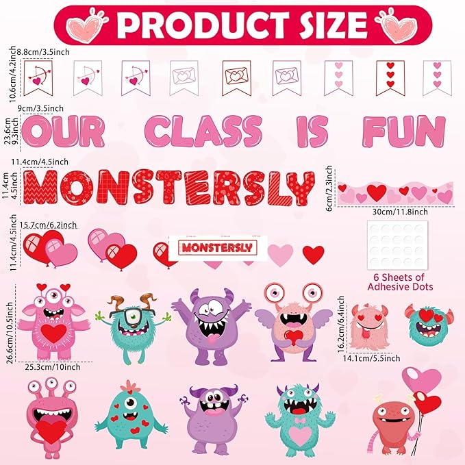 gisgfim Valentine's Day Monster Bulletin Board Set Decorations Valentines Classroom Decor Love Heart Monster Cutouts for School Home Chalkboard Wall Door Party Supply (Our Class is Monstersly Fun)