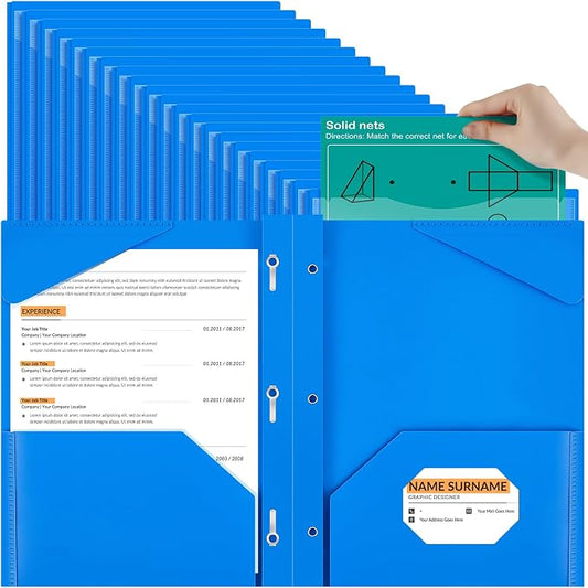 Henoyso 72 Pcs Plastic Folder with Clear Front Pocket and 3 Prong Plastic Folders with Card Slot Pocket Folders with Prongs for School Office (Blue)