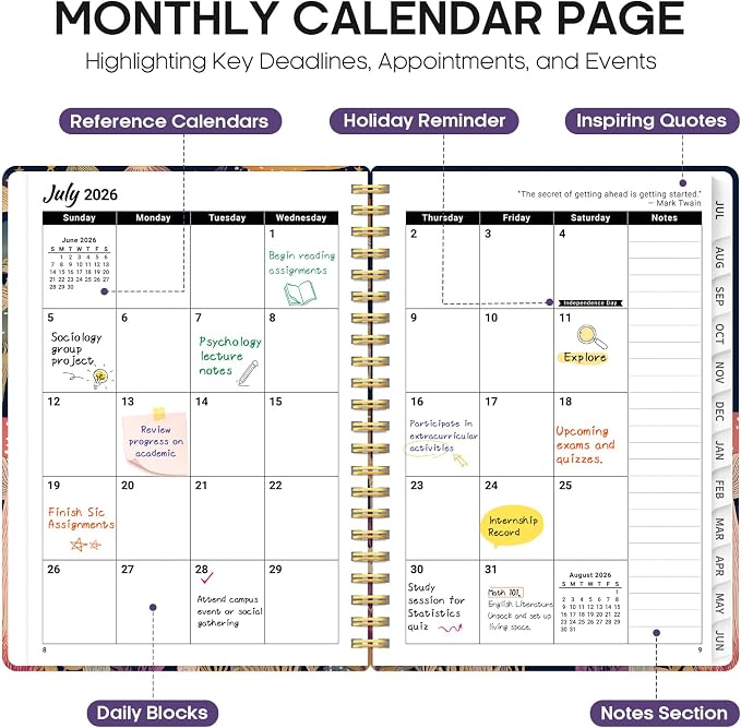 Planner 2026–2027, Academic Year Monthly & Weekly Calendar Book, Jul 2026–Jun 2027, Hardcover Organizer with Tabs, Student & Teacher Planner, 6.3" x 8.5", Mushroom Party