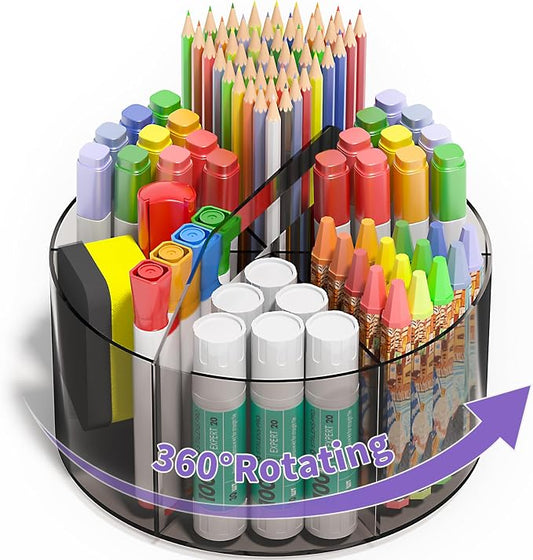 Mefirt Acrylic Pen Organizer, 360 Degree Rotating Desk Organizer with 6 Compartments Crayon Holder for Office, School, Home, Art Supply, Grey