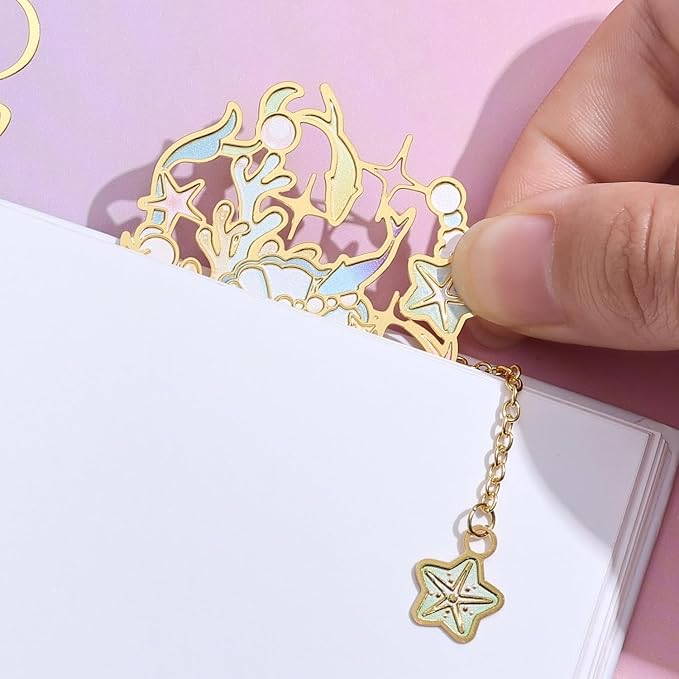 2 Pcs Metal Bookmark Gift Box, Golden Hollow Bookmarks Ocean Painting Theme Book Mark for Women, Book Lovers Writers Readers and Teens, Perfect for Birthday and Graduation Gifts(Green)