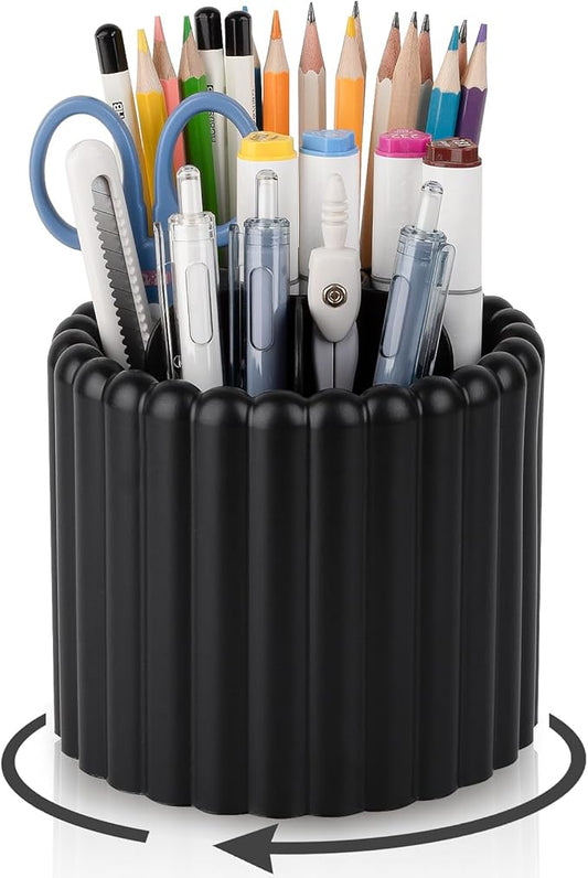 Anyoifax 360° Rotating Pen Holder 7 Slots Desk Organizer Removable Pencil Cup Plastic Art Supplies and Accessories Desktop Storage Box Caddy for Office, School, Home (Black)