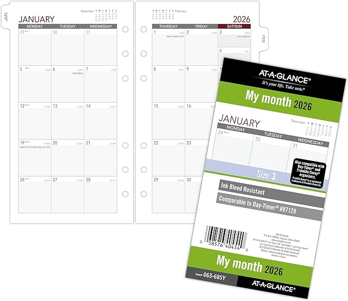 AT-A-GLANCE 2026 Planner Refill, Monthly, 3-3/4" x 6-3/4", Portable Size 3, Loose-Leaf (063-685Y-26)